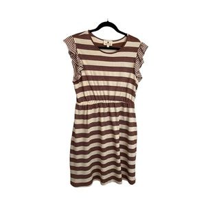Betseys Boutique Striped Brown Cream Ruffle Short Sleeve Midi Dress Women Size L